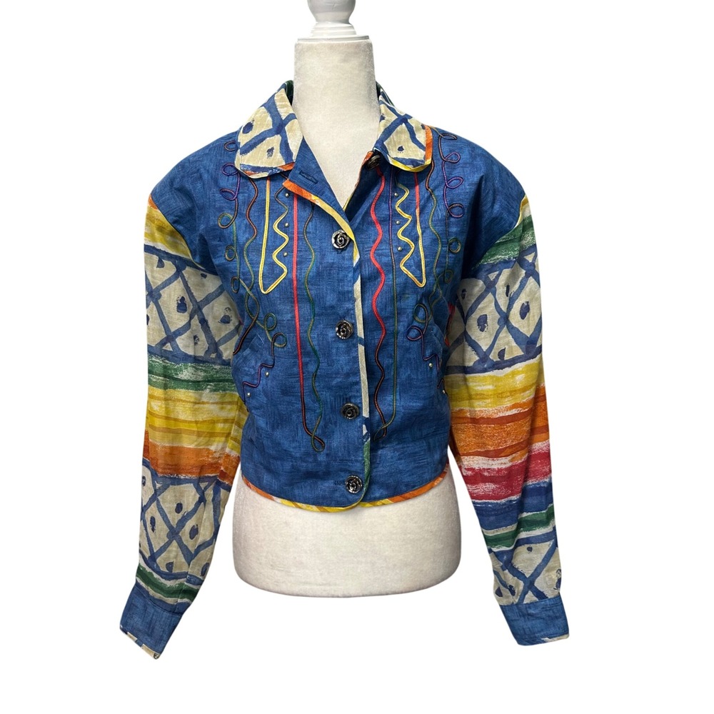 Vintage Howard Wolf Cropped Jacket Lightweight Boho Patchwork Chambray USA Sz 10